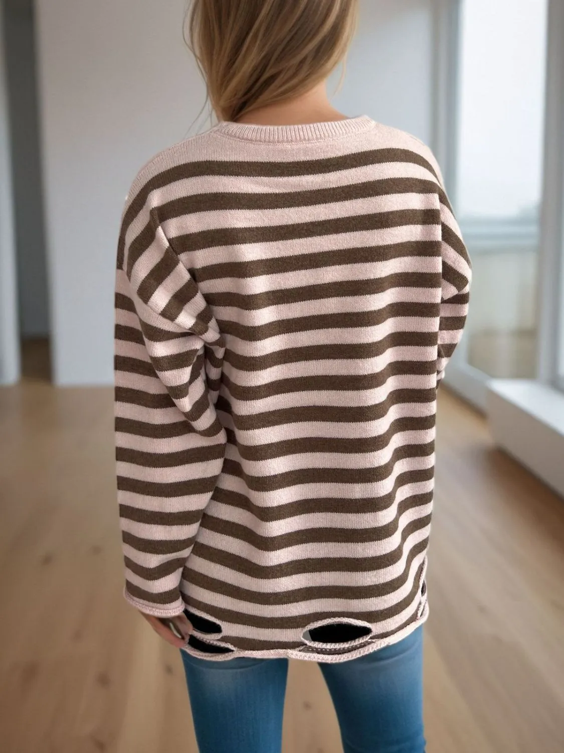 Hazel Blues® |  Distressed Striped Round Neck Long Sleeve Sweater