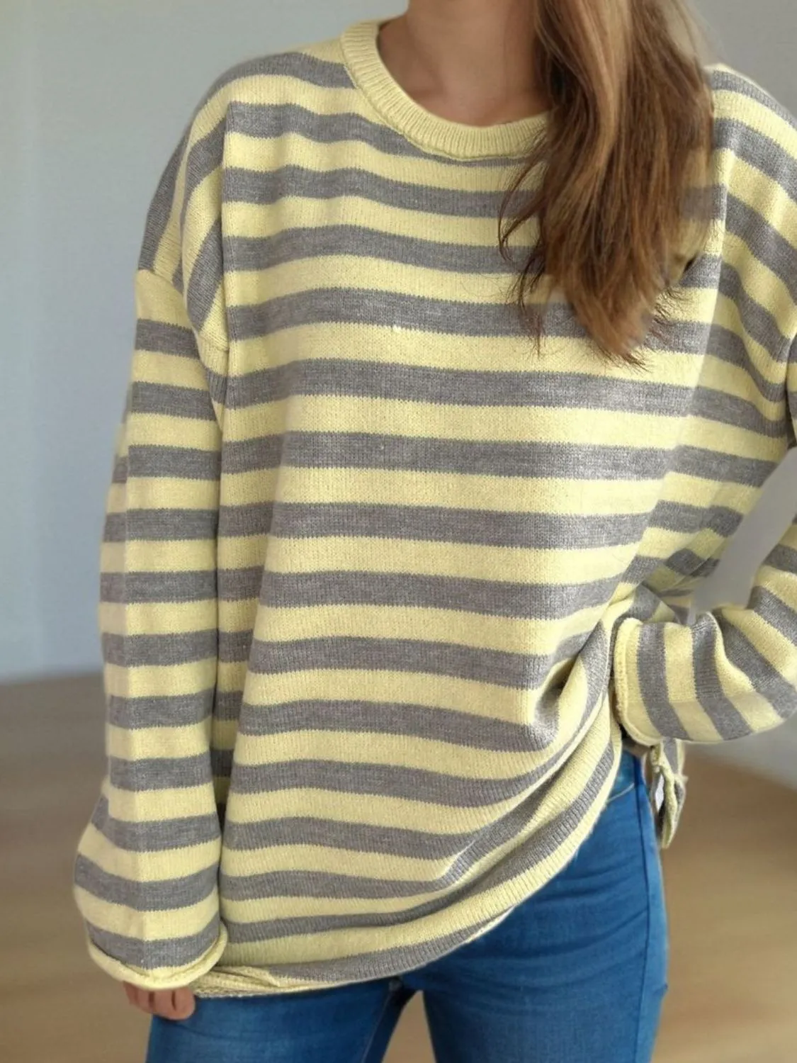 Hazel Blues® |  Distressed Striped Round Neck Long Sleeve Sweater