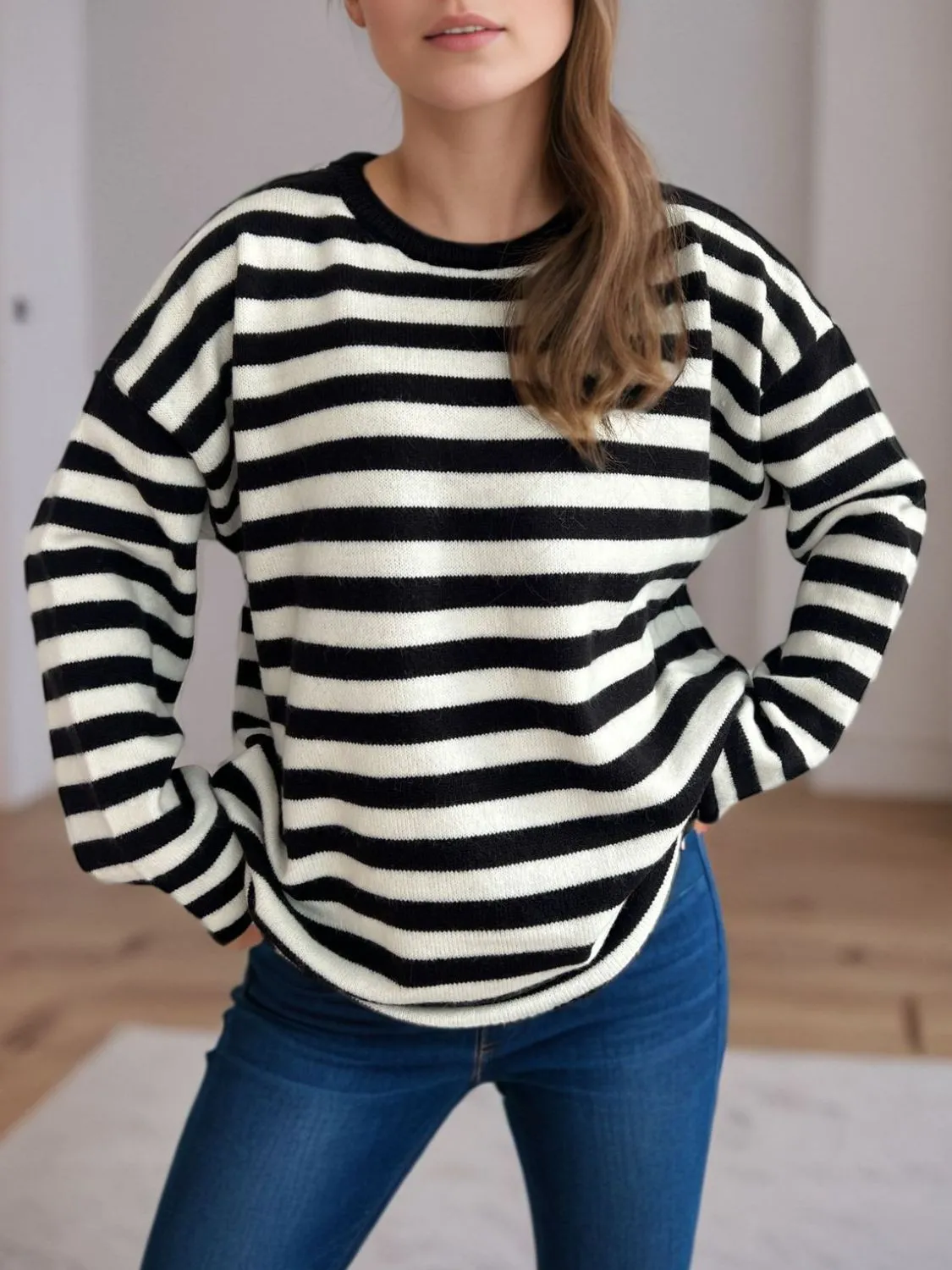 Hazel Blues® |  Distressed Striped Round Neck Long Sleeve Sweater