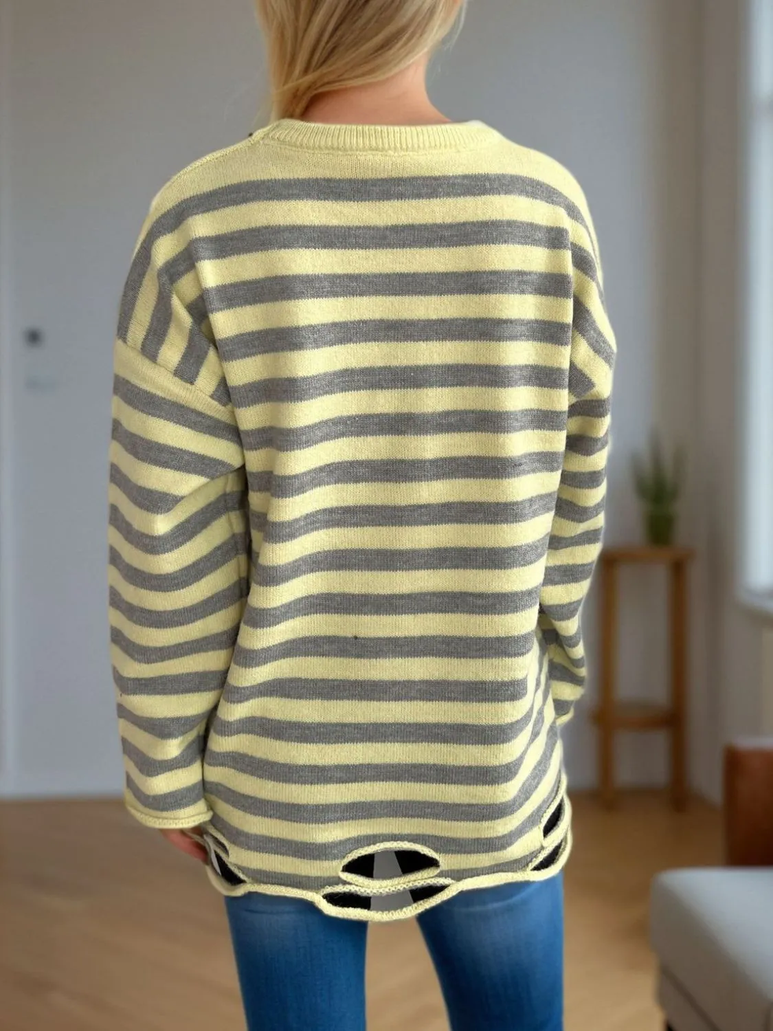 Hazel Blues® |  Distressed Striped Round Neck Long Sleeve Sweater