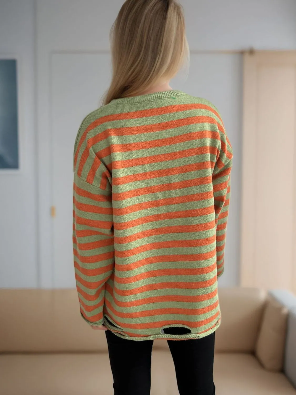 Hazel Blues® |  Distressed Striped Round Neck Long Sleeve Sweater
