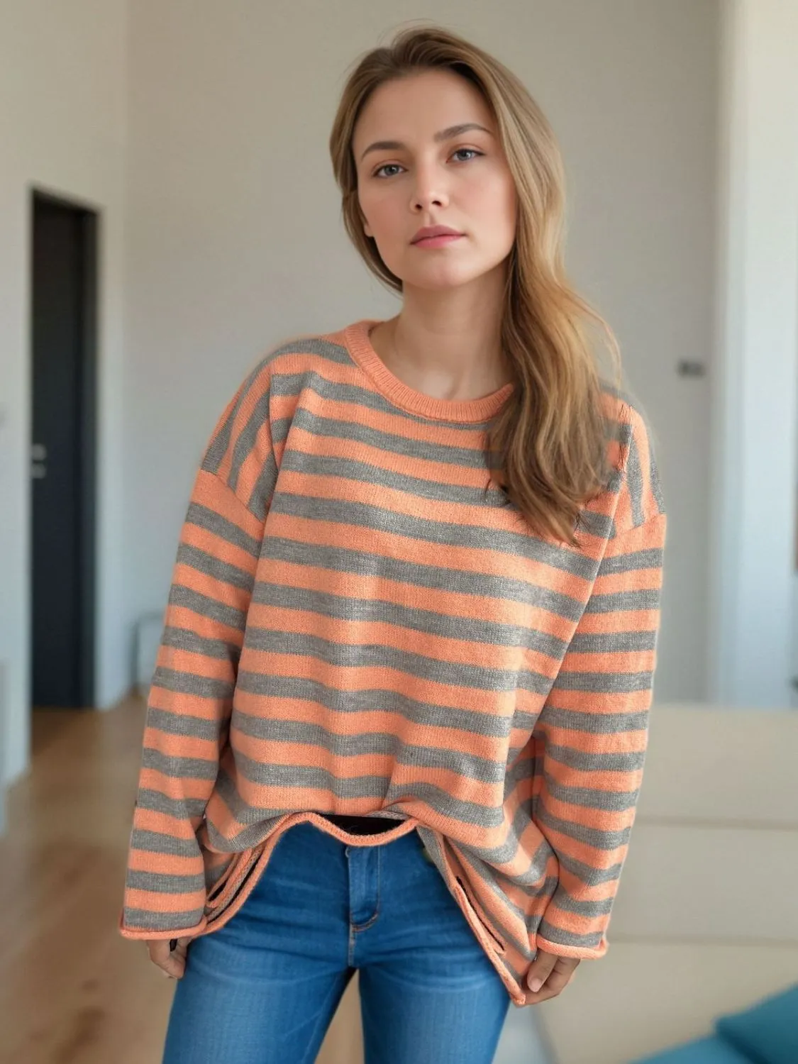 Hazel Blues® |  Distressed Striped Round Neck Long Sleeve Sweater