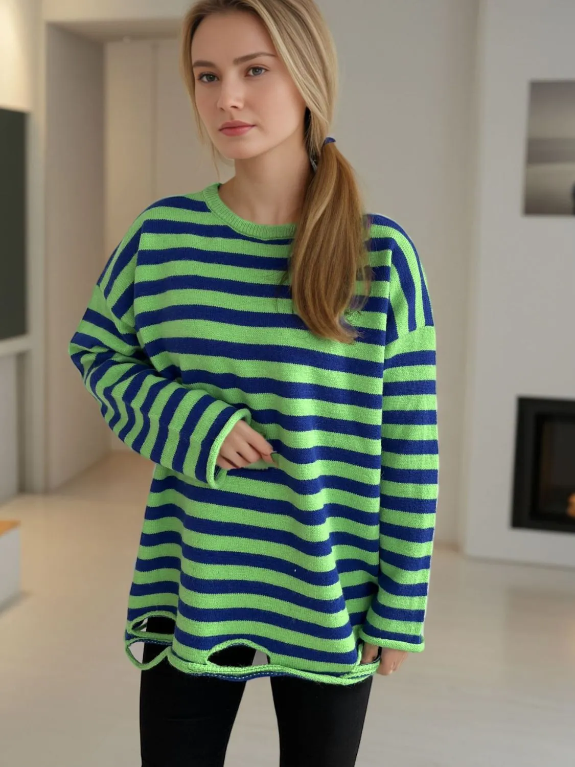 Hazel Blues® |  Distressed Striped Round Neck Long Sleeve Sweater