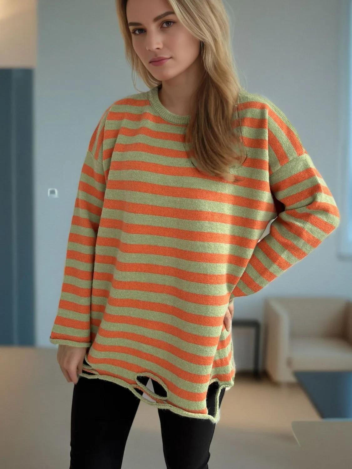 Hazel Blues® |  Distressed Striped Round Neck Long Sleeve Sweater