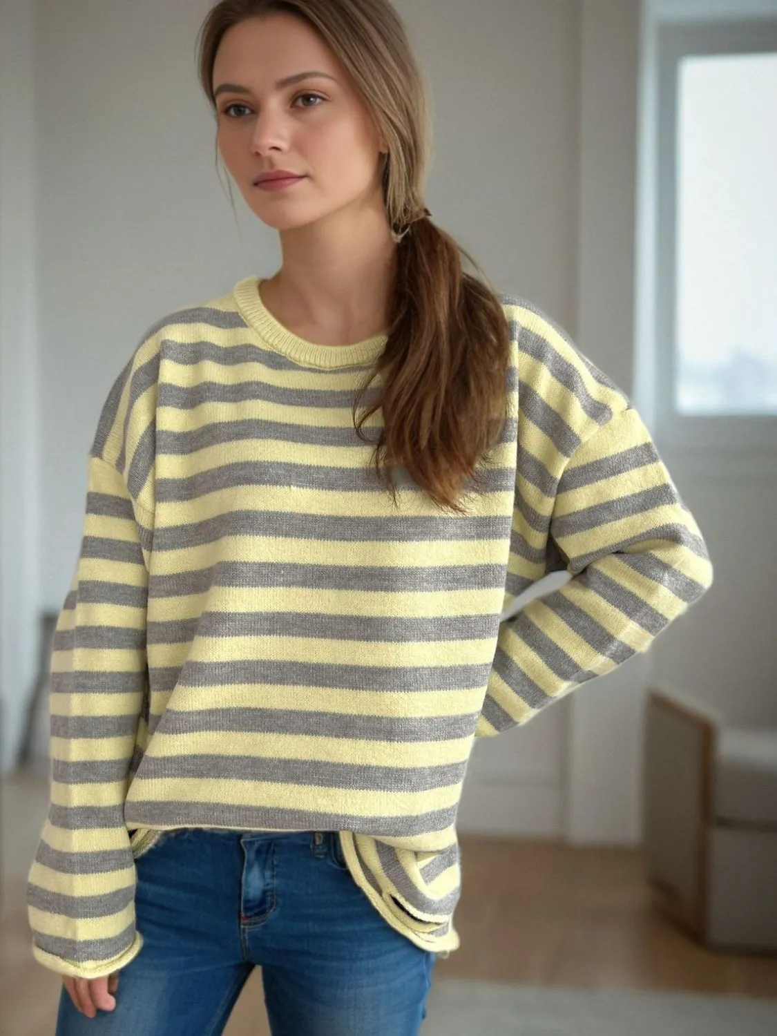 Hazel Blues® |  Distressed Striped Round Neck Long Sleeve Sweater