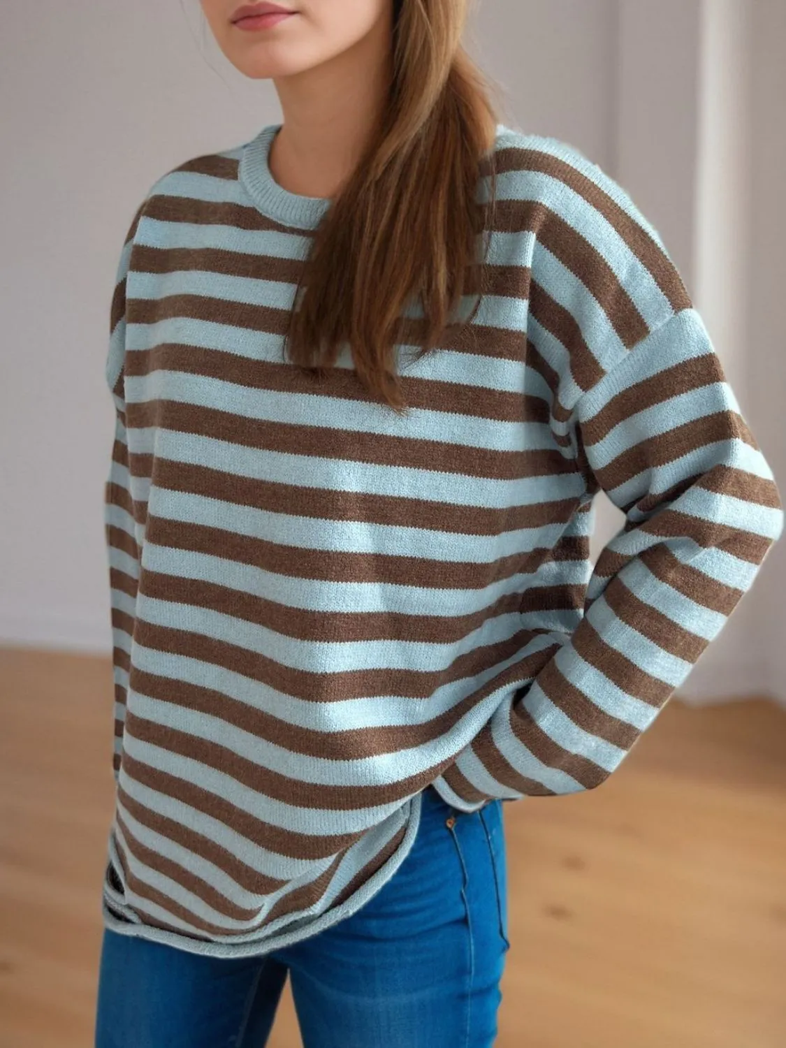 Hazel Blues® |  Distressed Striped Round Neck Long Sleeve Sweater