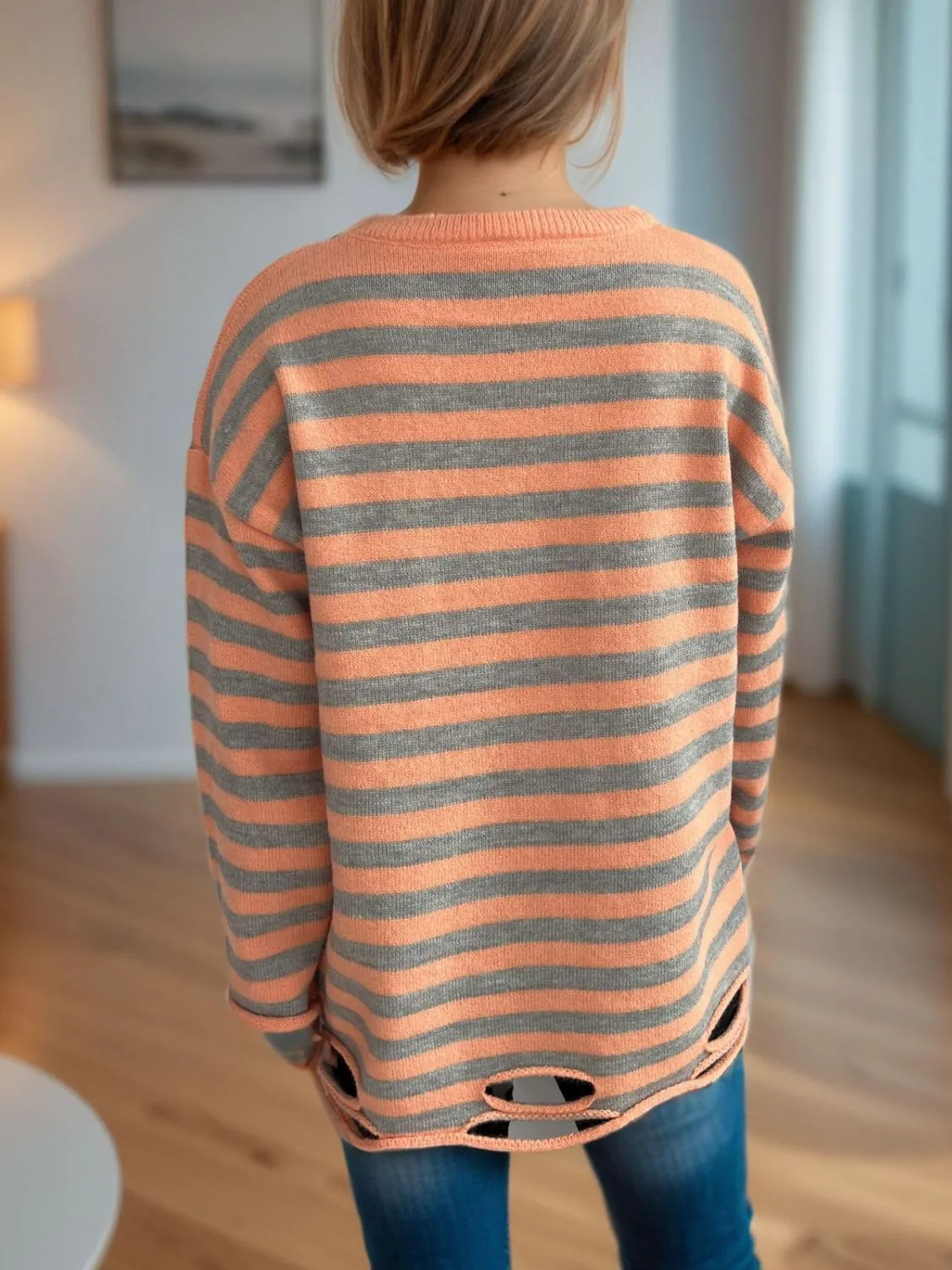 Hazel Blues® |  Distressed Striped Round Neck Long Sleeve Sweater