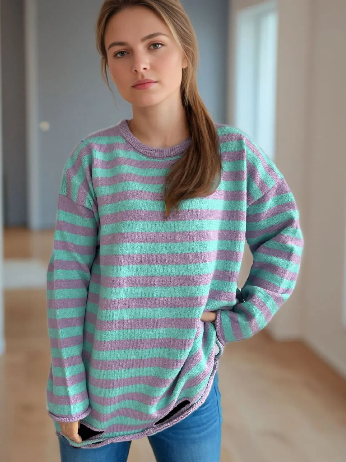 Hazel Blues® |  Distressed Striped Round Neck Long Sleeve Sweater