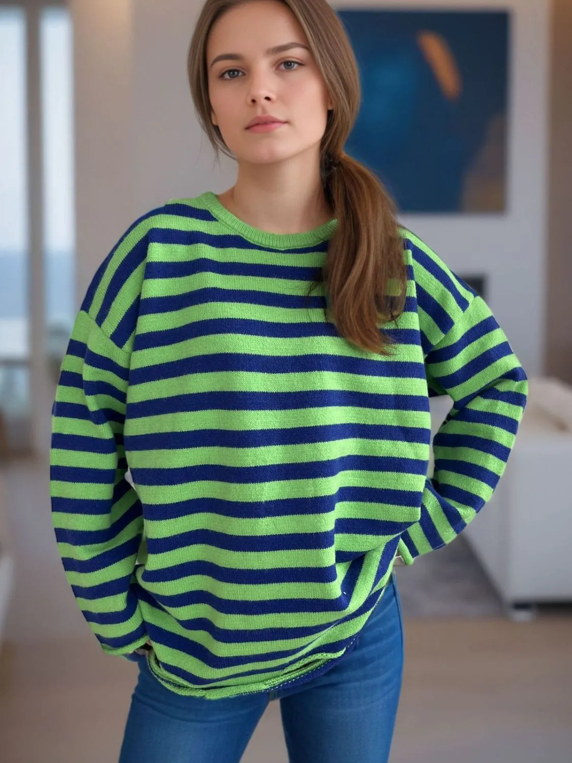 Hazel Blues® |  Distressed Striped Round Neck Long Sleeve Sweater