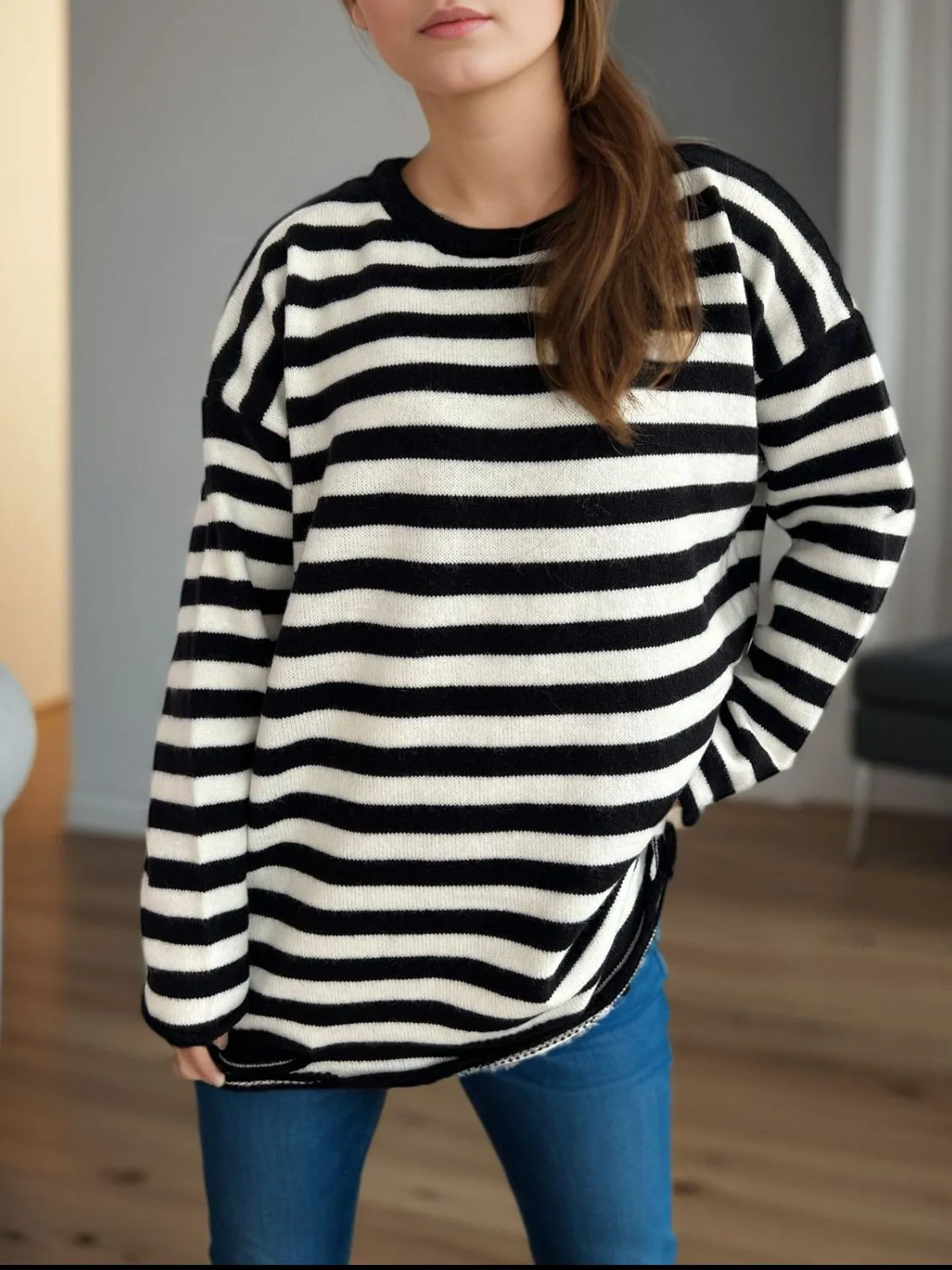 Hazel Blues® |  Distressed Striped Round Neck Long Sleeve Sweater