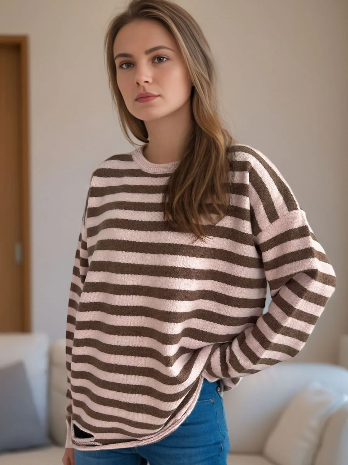 Hazel Blues® |  Distressed Striped Round Neck Long Sleeve Sweater