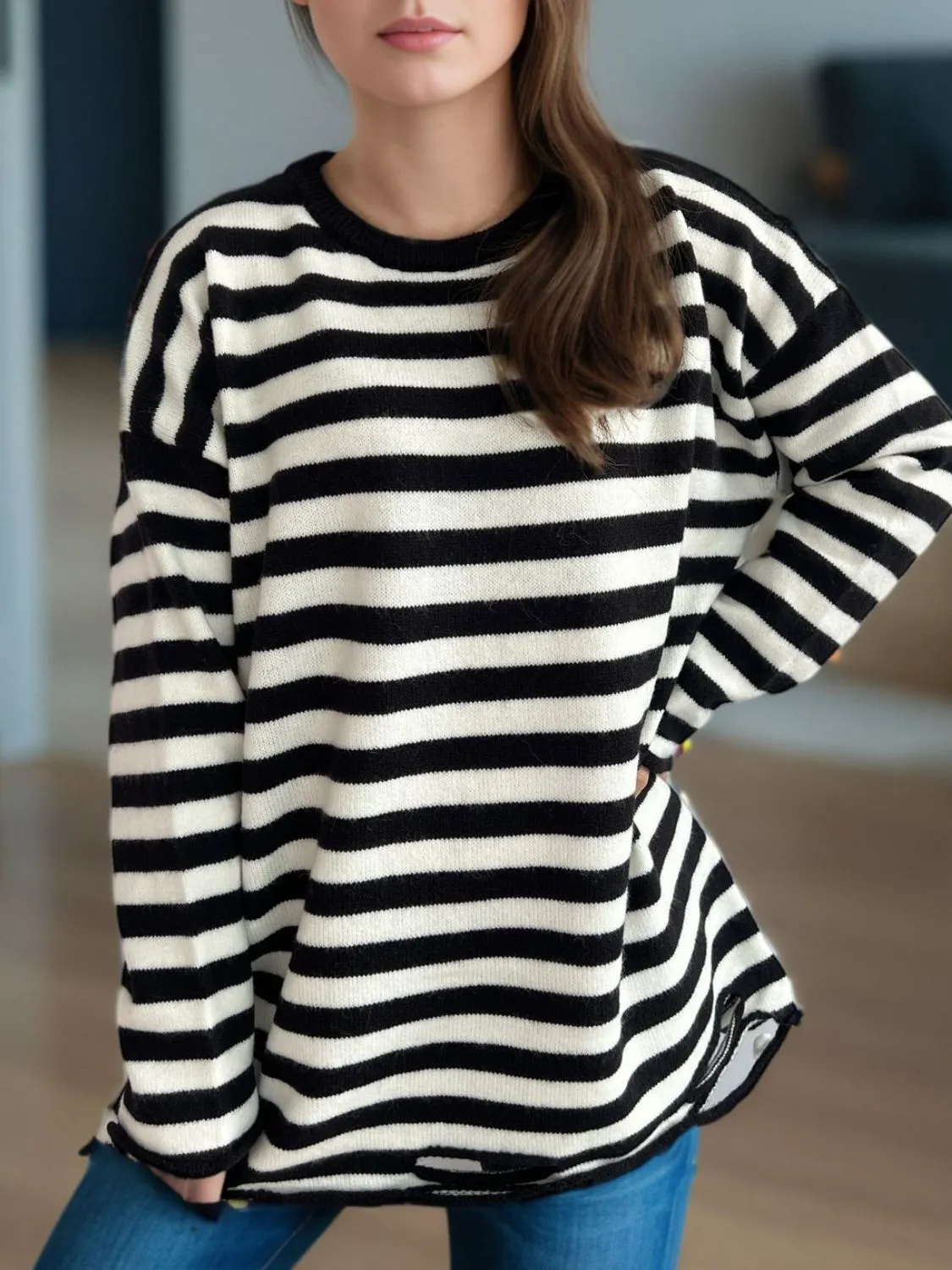 Hazel Blues® |  Distressed Striped Round Neck Long Sleeve Sweater