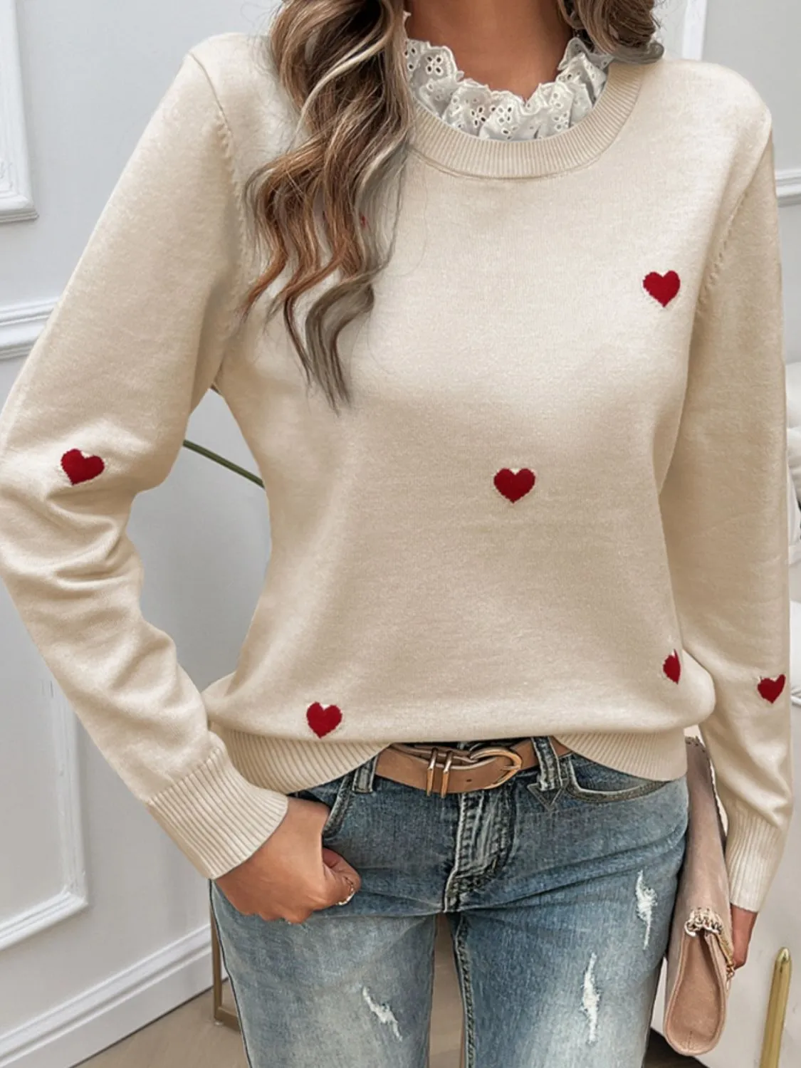 Hazel Blues® |  Lace Detail Heart Long Sleeve Sweater