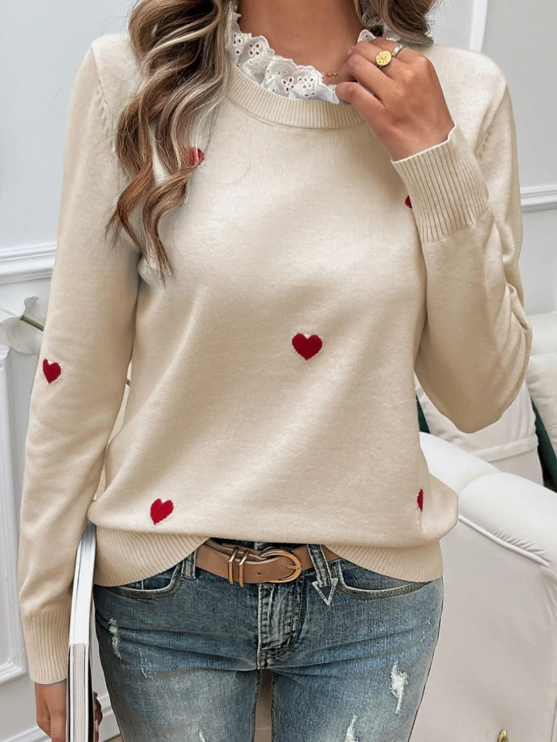Hazel Blues® |  Lace Detail Heart Long Sleeve Sweater
