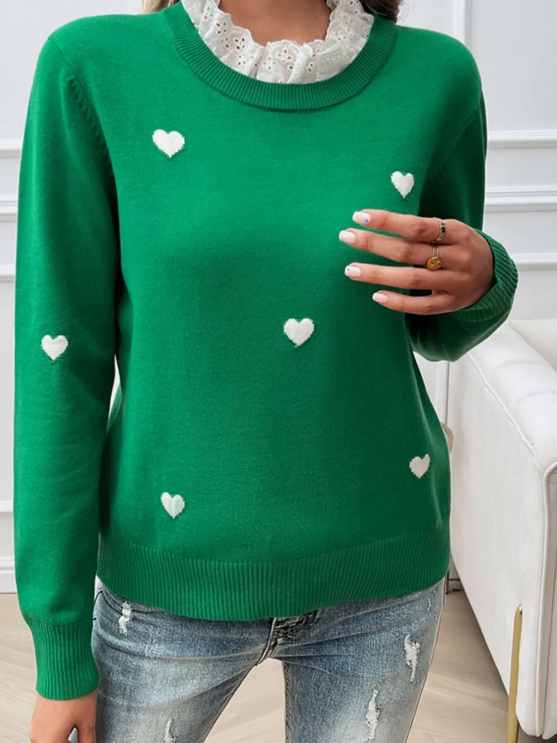 Hazel Blues® |  Lace Detail Heart Long Sleeve Sweater
