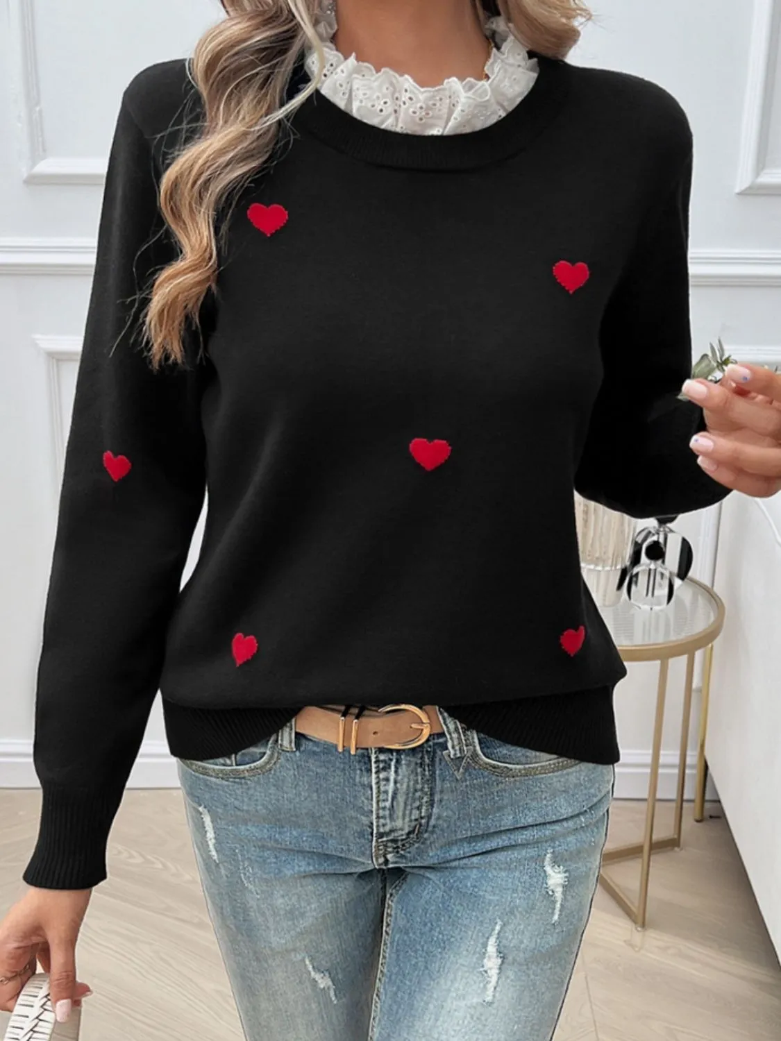 Hazel Blues® |  Lace Detail Heart Long Sleeve Sweater