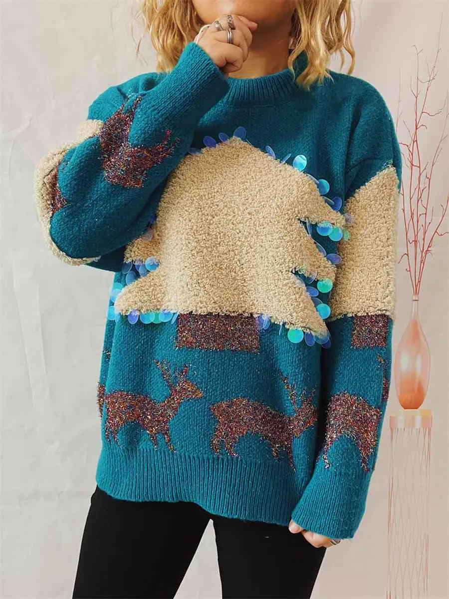 Hazel Blues® |  Sequin Christmas Tree & Reindeer Round Neck Sweater