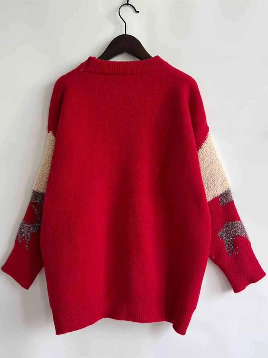 Hazel Blues® |  Sequin Christmas Tree & Reindeer Round Neck Sweater