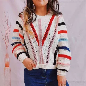Hazel Blues® |  Striped Openwork Round Neck Sweater