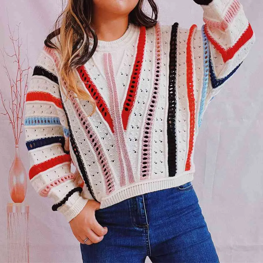 Hazel Blues® |  Striped Openwork Round Neck Sweater