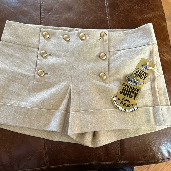 Juicy Couture Nautical Inspired Gold linen cuffed shorts SZ 8 NWT
