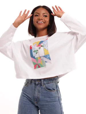 Ladies Long Sleeve Patchwork Boxy Tee - White