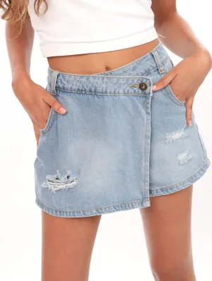 Ladies Ripped Rigid Denim Skort - Light Washed