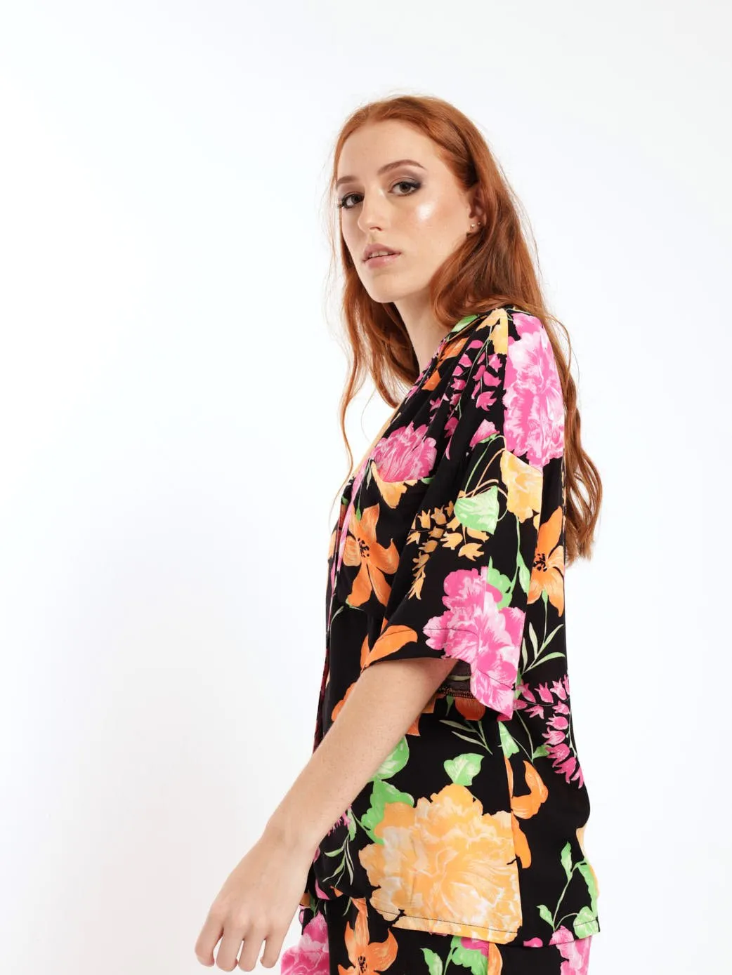 Ladies Short Sleeve Boxy Floral Shirt - Black/Orange