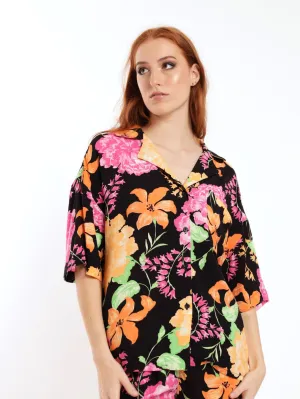 Ladies Short Sleeve Boxy Floral Shirt - Black/Orange