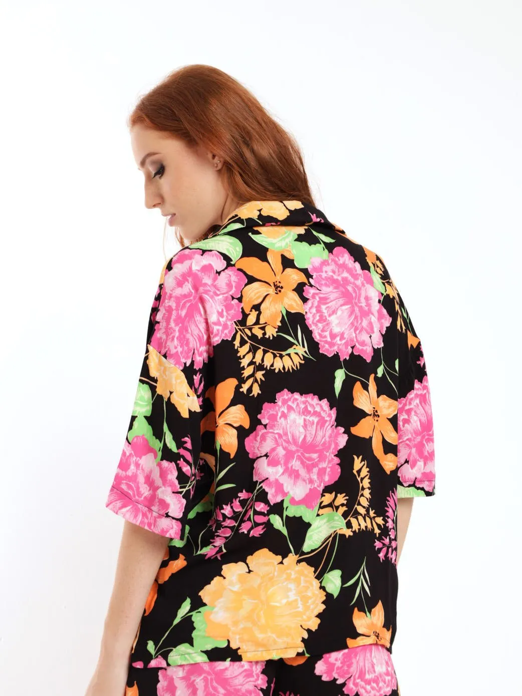 Ladies Short Sleeve Boxy Floral Shirt - Black/Orange