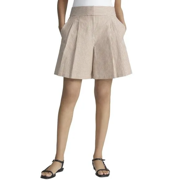 Lafayette 148 Leroy Linen-Blend Navy Pinstripe Shorts Pleated Front 2 Pockets