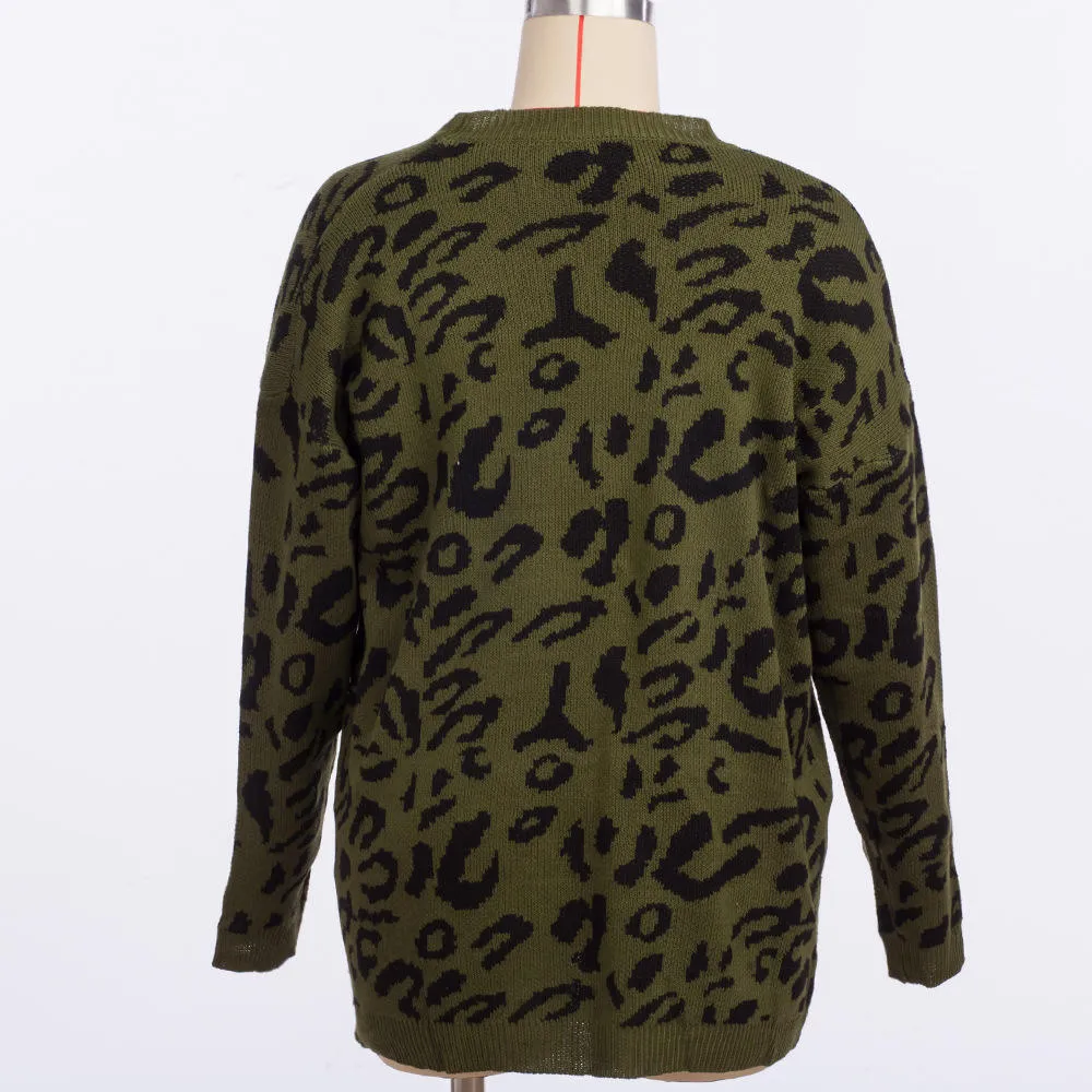 Large Size Women's Autumn and Winter Fat MM Round Neck Leopard Loose Sweater