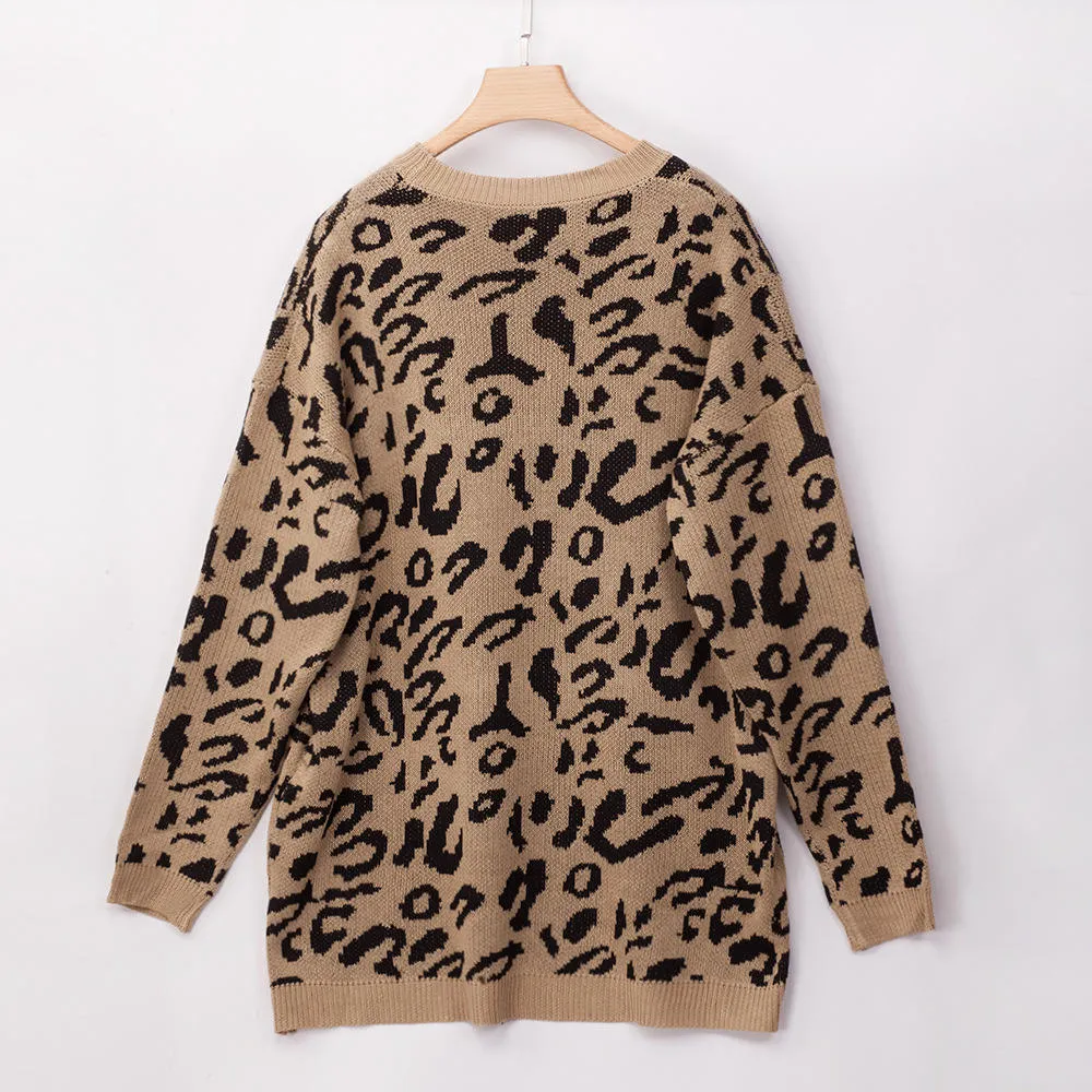 Large Size Women's Autumn and Winter Fat MM Round Neck Leopard Loose Sweater