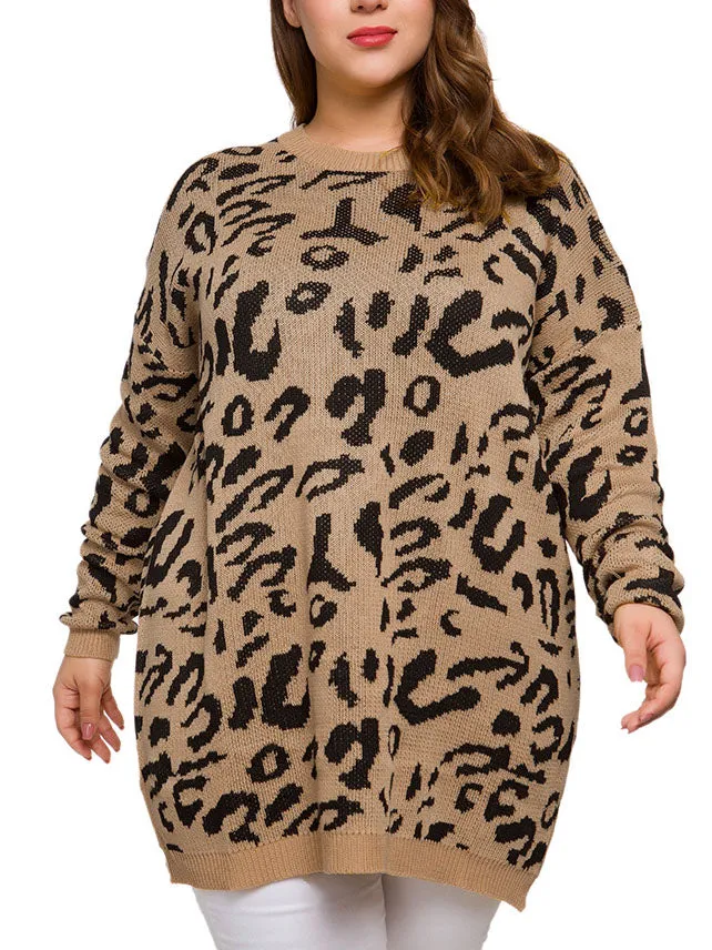 Large Size Women's Autumn and Winter Fat MM Round Neck Leopard Loose Sweater