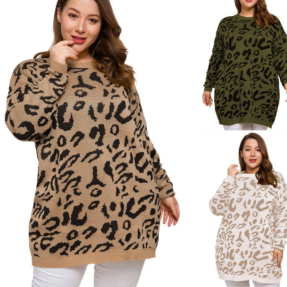 Large Size Women's Autumn and Winter Fat MM Round Neck Leopard Loose Sweater