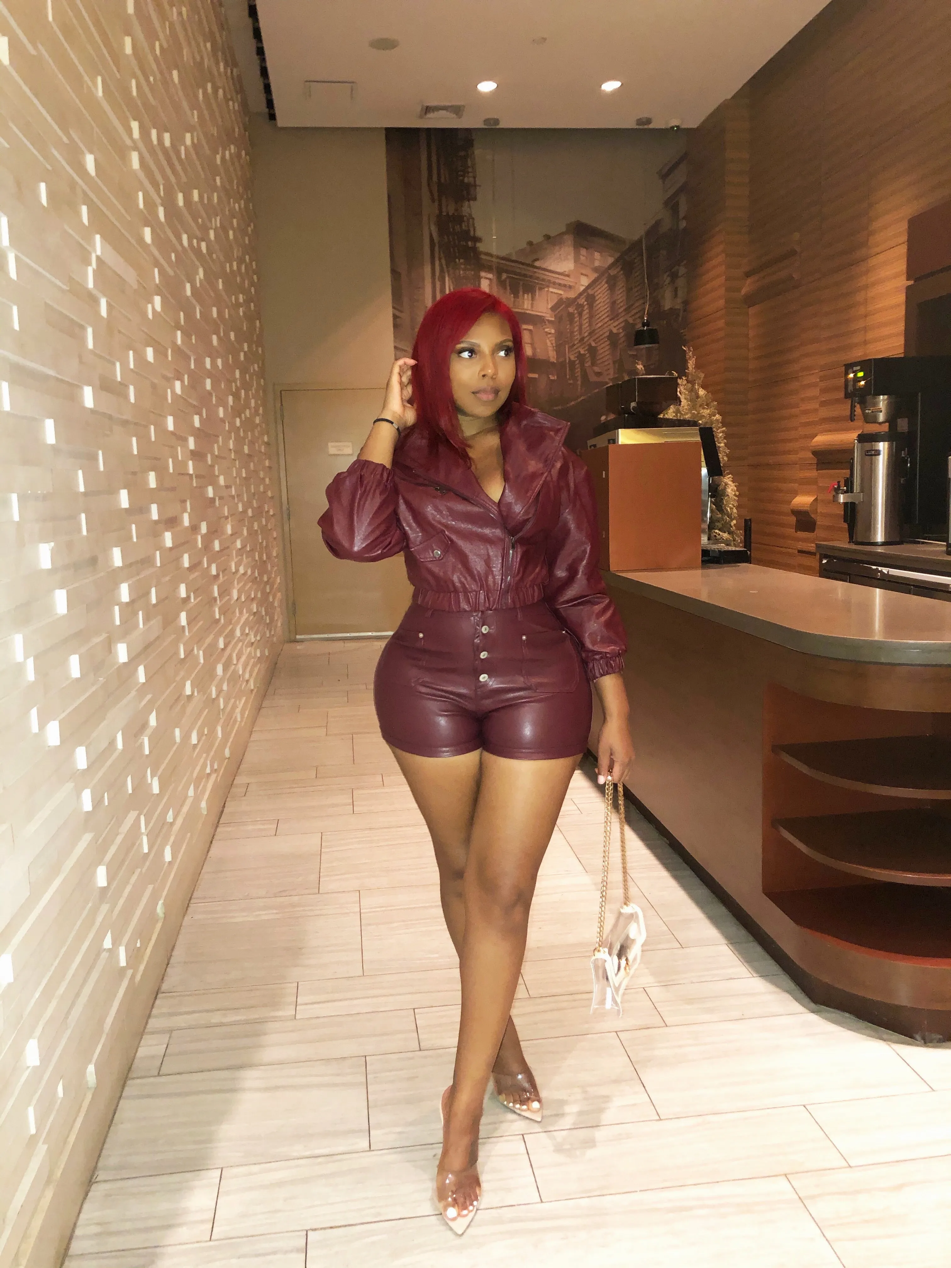 Leather Look Jacket & Shorts Set