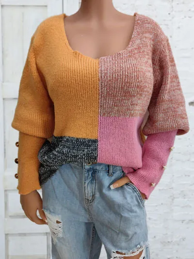 Meagen Color Block Decorative Button Long Sleeve Sweater
