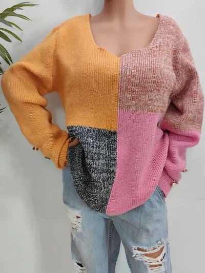 Meagen Color Block Decorative Button Long Sleeve Sweater