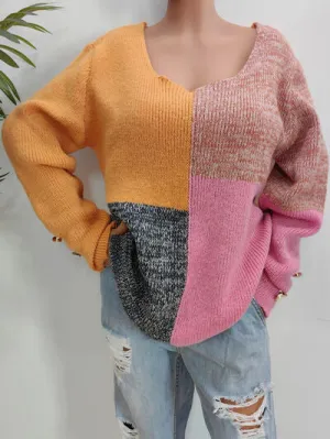 Meagen Color Block Decorative Button Long Sleeve Sweater