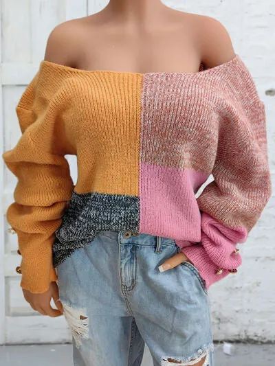 Meagen Color Block Decorative Button Long Sleeve Sweater