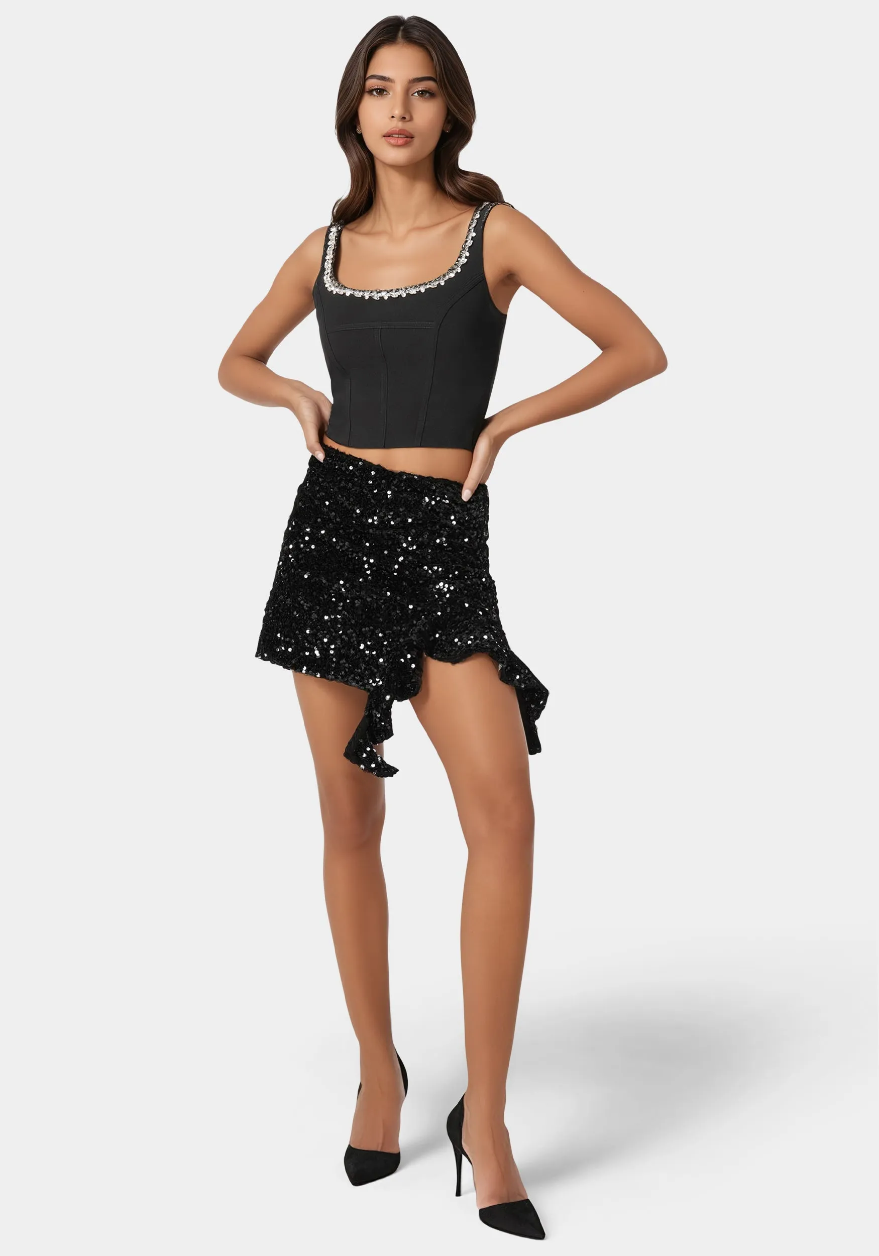 Mini Sequin Ruffle Slit Skort