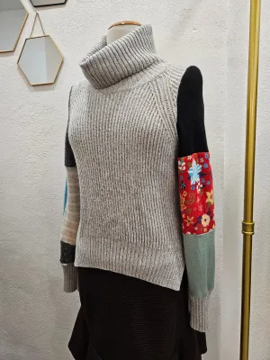 Multicolored Grey Cowl Neck Patchwork Pullover 🩶💛❤️ Medium
