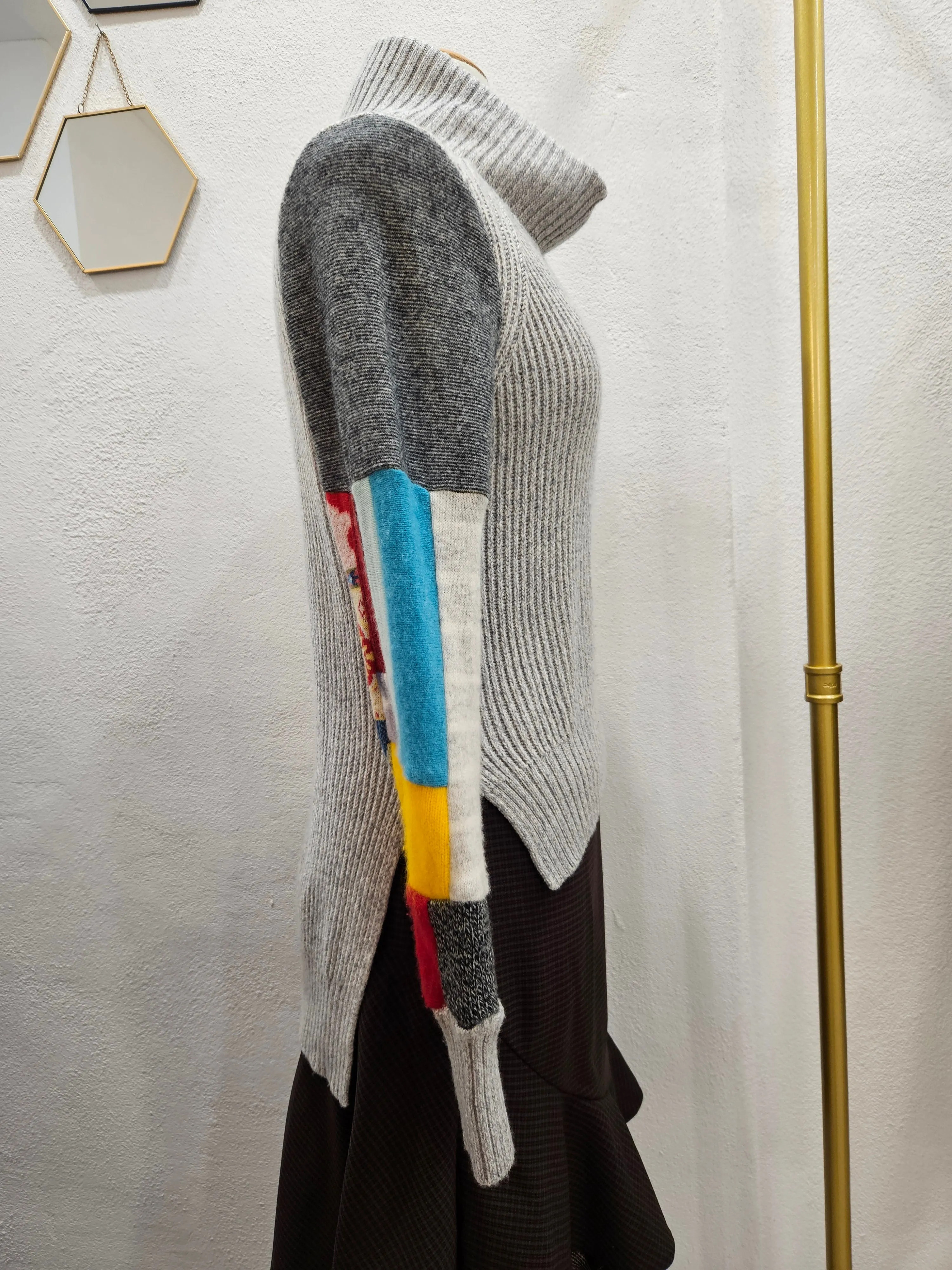 Multicolored Grey Cowl Neck Patchwork Pullover 🩶💛❤️ Medium
