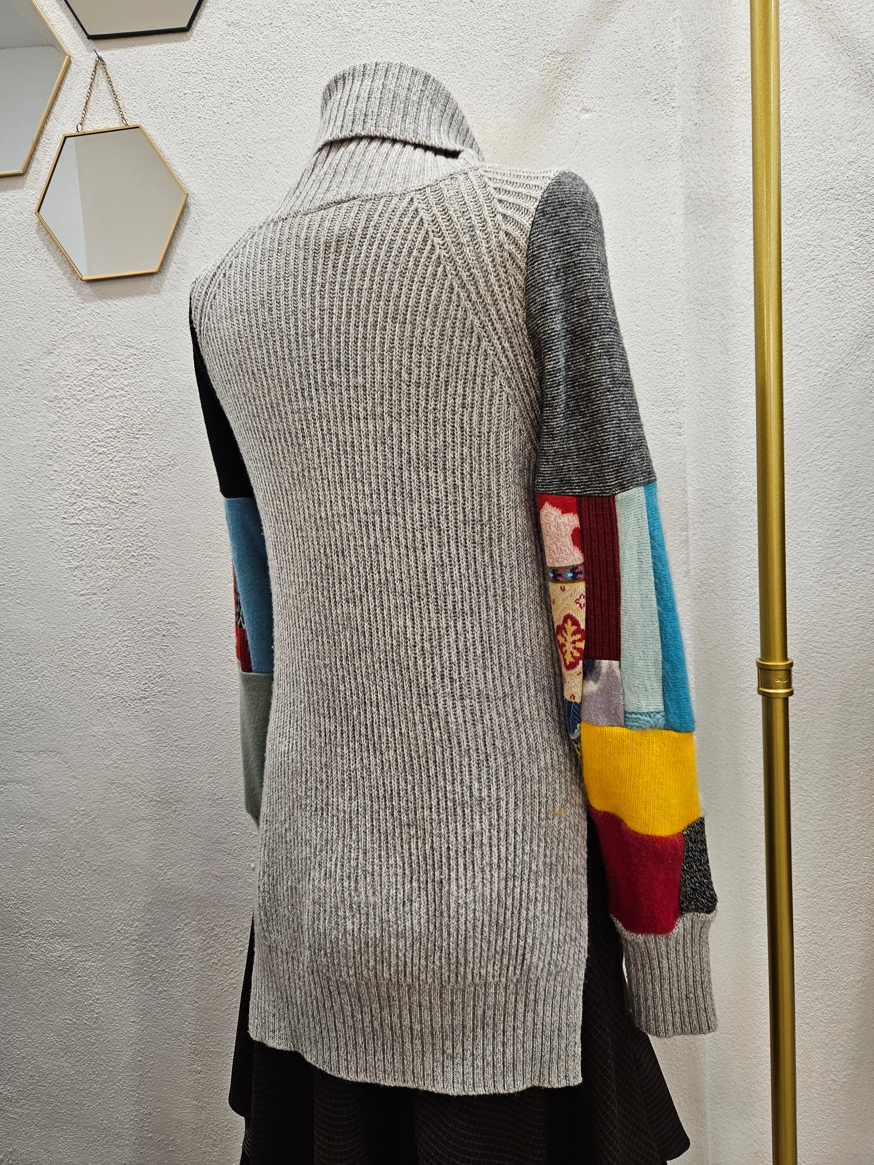 Multicolored Grey Cowl Neck Patchwork Pullover 🩶💛❤️ Medium