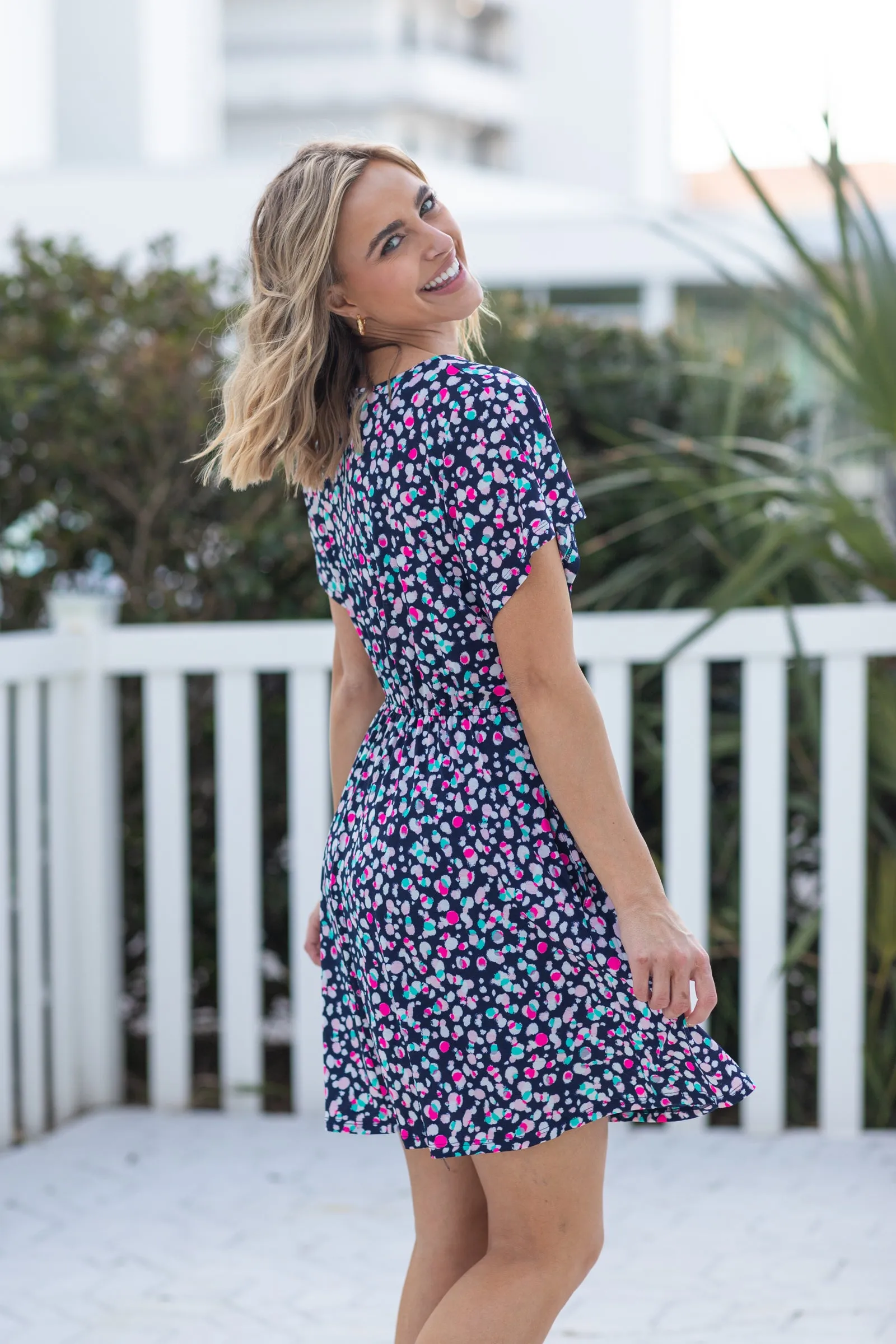 Navy Abstract Print Dress With Shorts