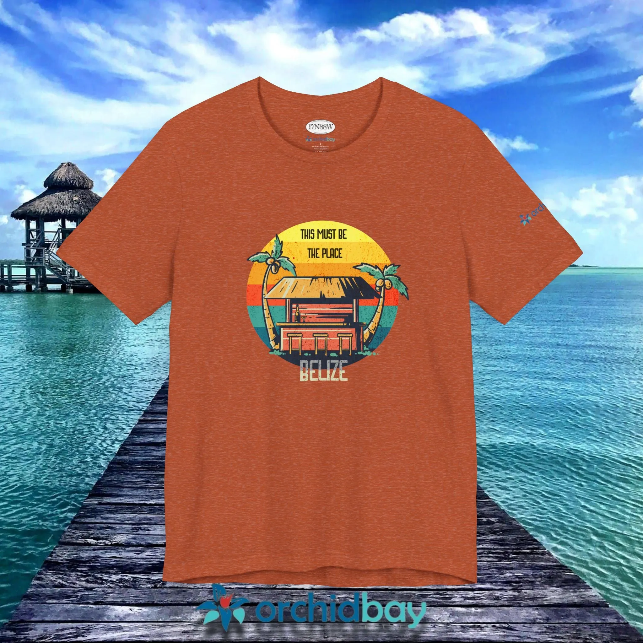 Orchid Bay | Unisex Short Sleeve Tee | This Must Be The Place | Belize | Retro Sunset Tiki Bar