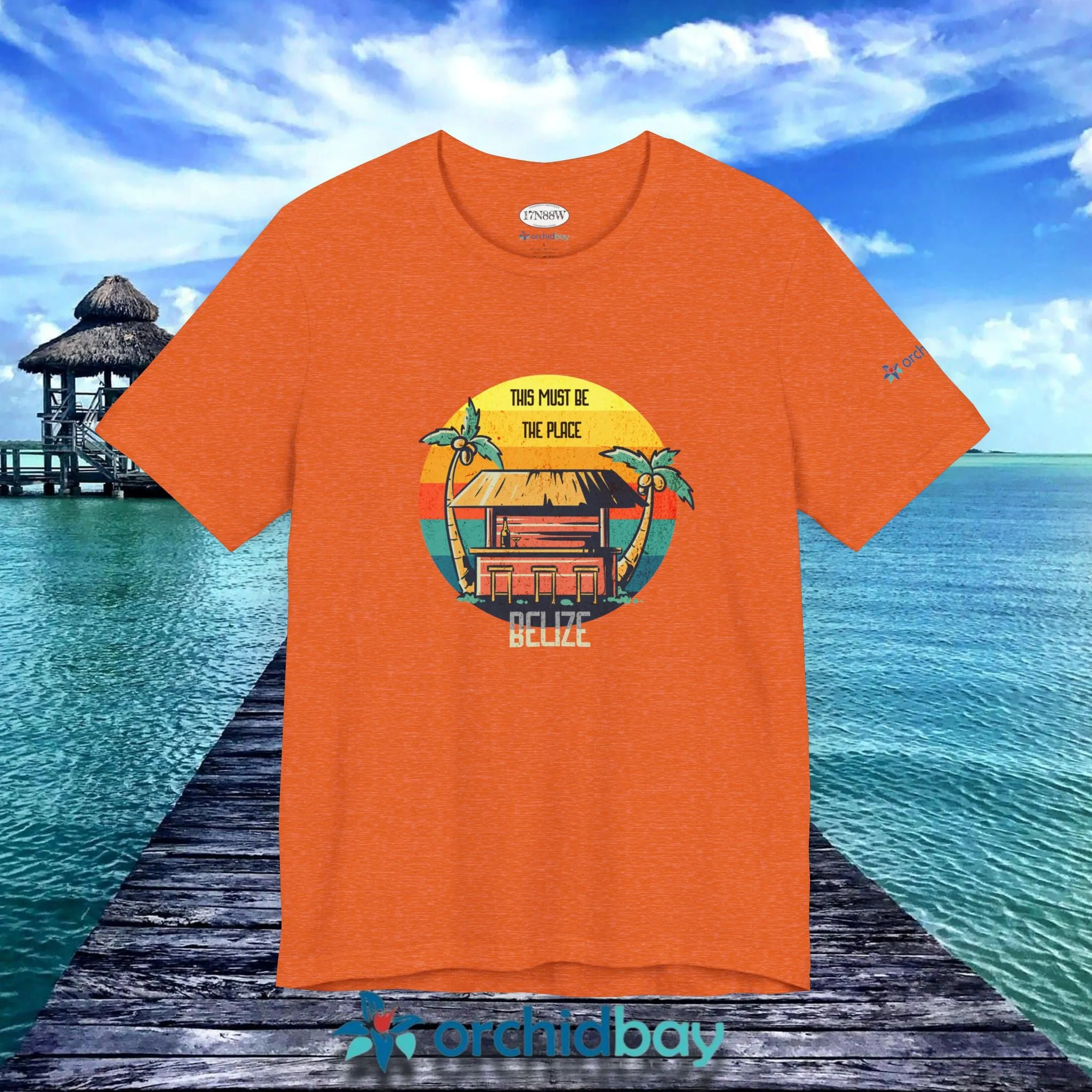 Orchid Bay | Unisex Short Sleeve Tee | This Must Be The Place | Belize | Retro Sunset Tiki Bar