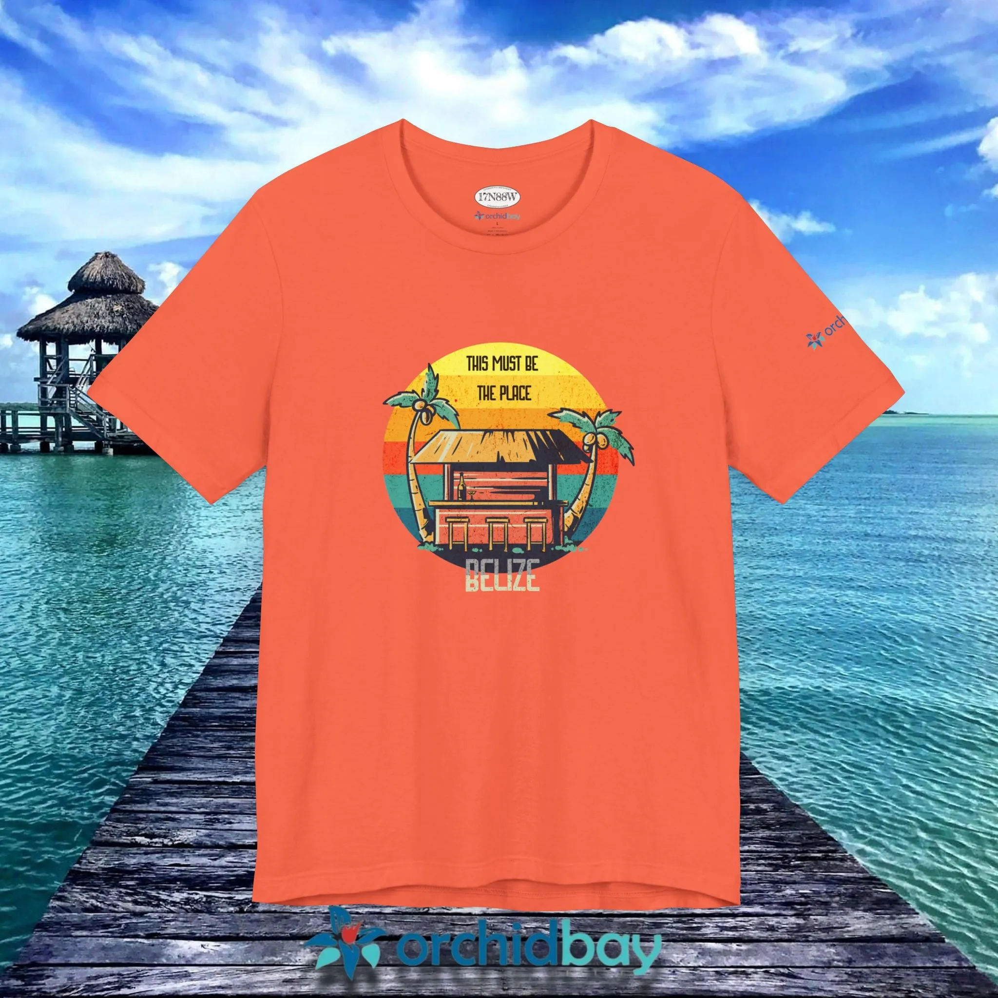 Orchid Bay | Unisex Short Sleeve Tee | This Must Be The Place | Belize | Retro Sunset Tiki Bar