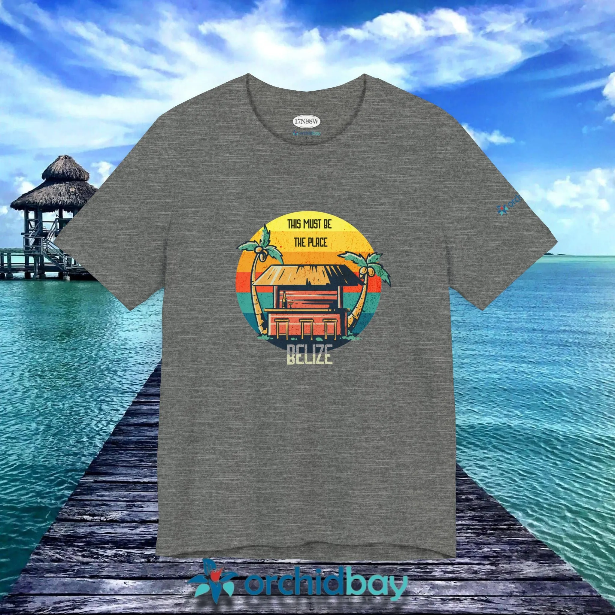 Orchid Bay | Unisex Short Sleeve Tee | This Must Be The Place | Belize | Retro Sunset Tiki Bar