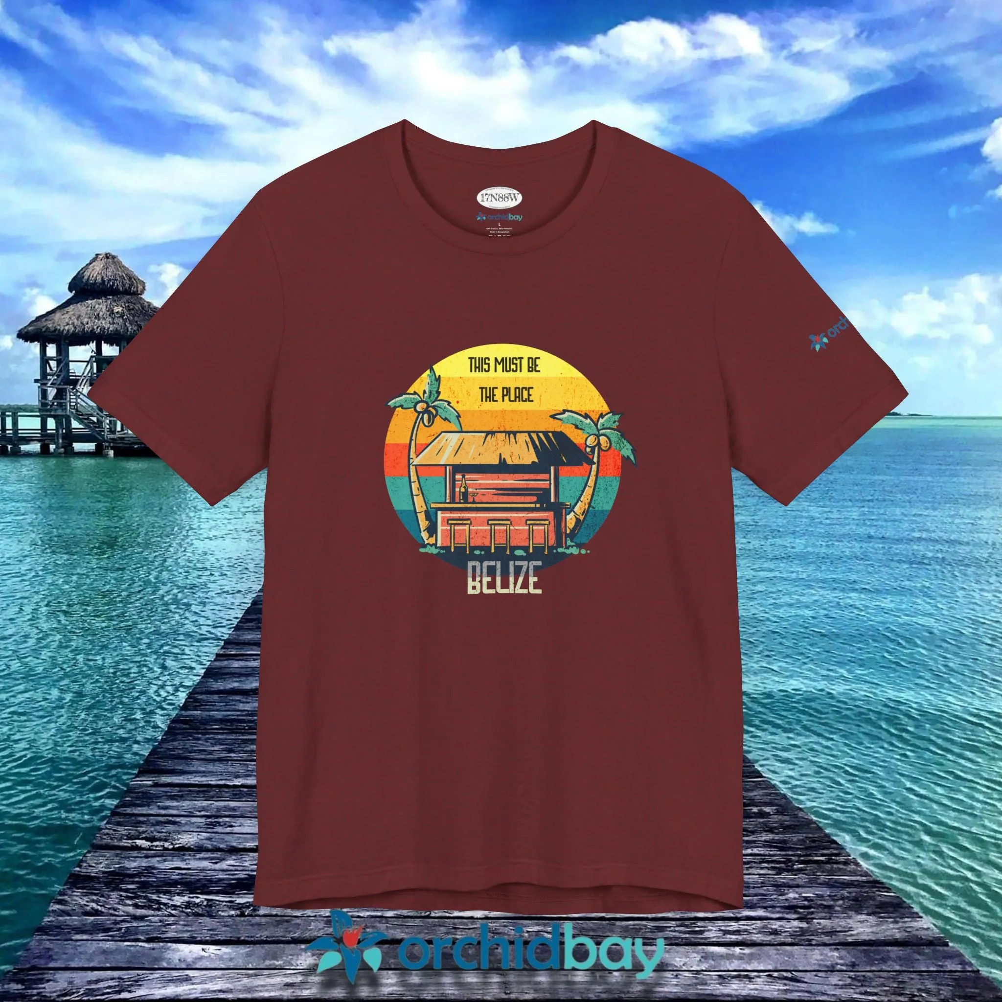 Orchid Bay | Unisex Short Sleeve Tee | This Must Be The Place | Belize | Retro Sunset Tiki Bar